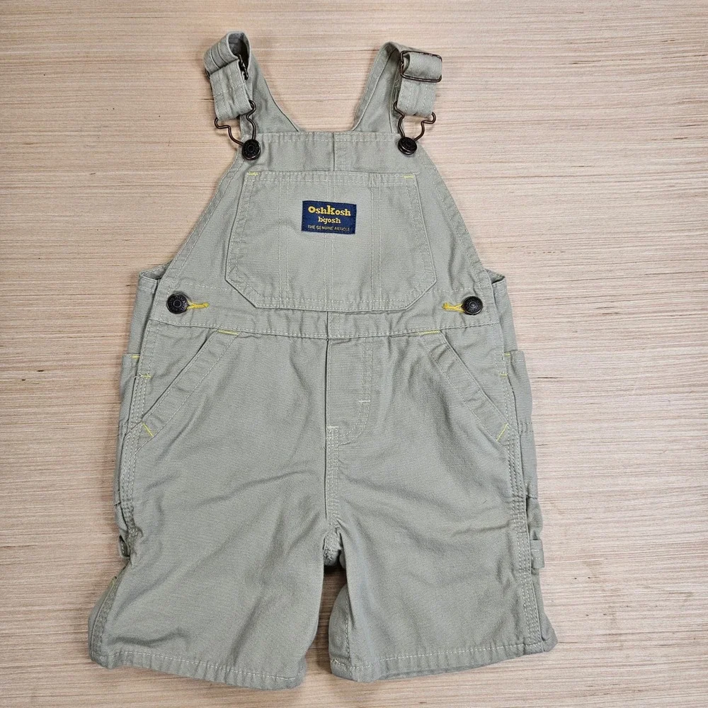 OshKosh B'gosh Vestbak Canvas Shortalls Overalls Kids 18 Khaki Vintage Style